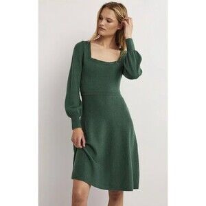 Boden Square Neck Knitted Midi Dress Size US 6L UK 10L Balloon Sleeves Green New